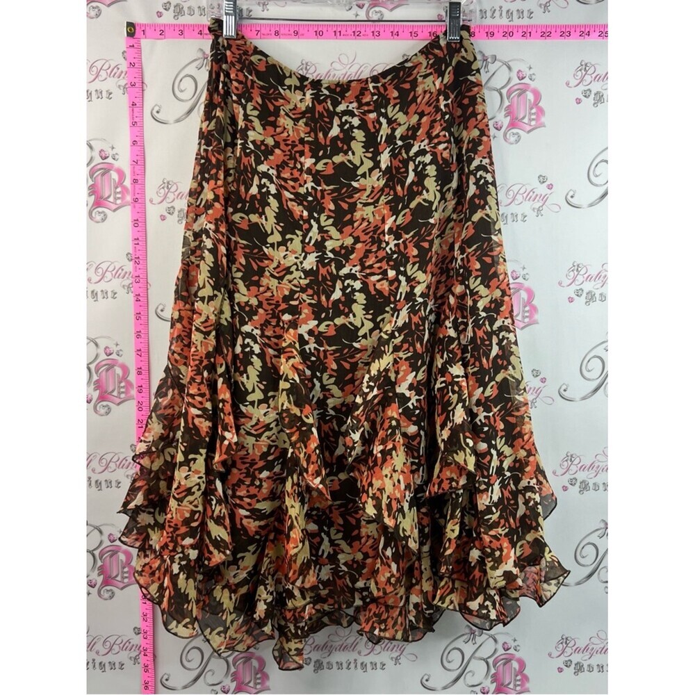 Très you Ruffle Skater Skirt midi Floral Flowy Tiered with Brown, Orange & Cream